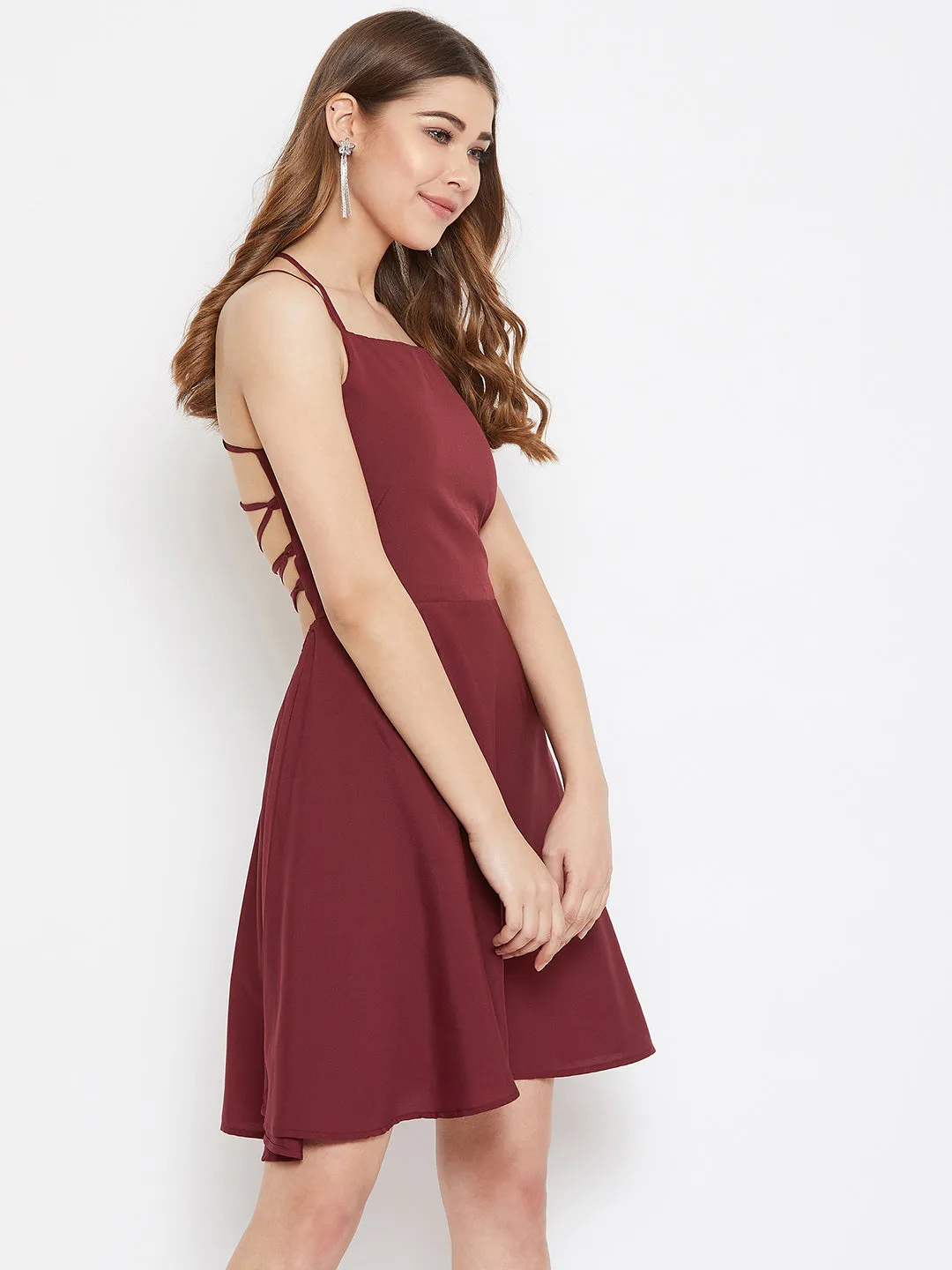 Berrylush Women Solid Maroon Square-Neck Caged Back Tie-Ups Fit & Flare Mini Dress