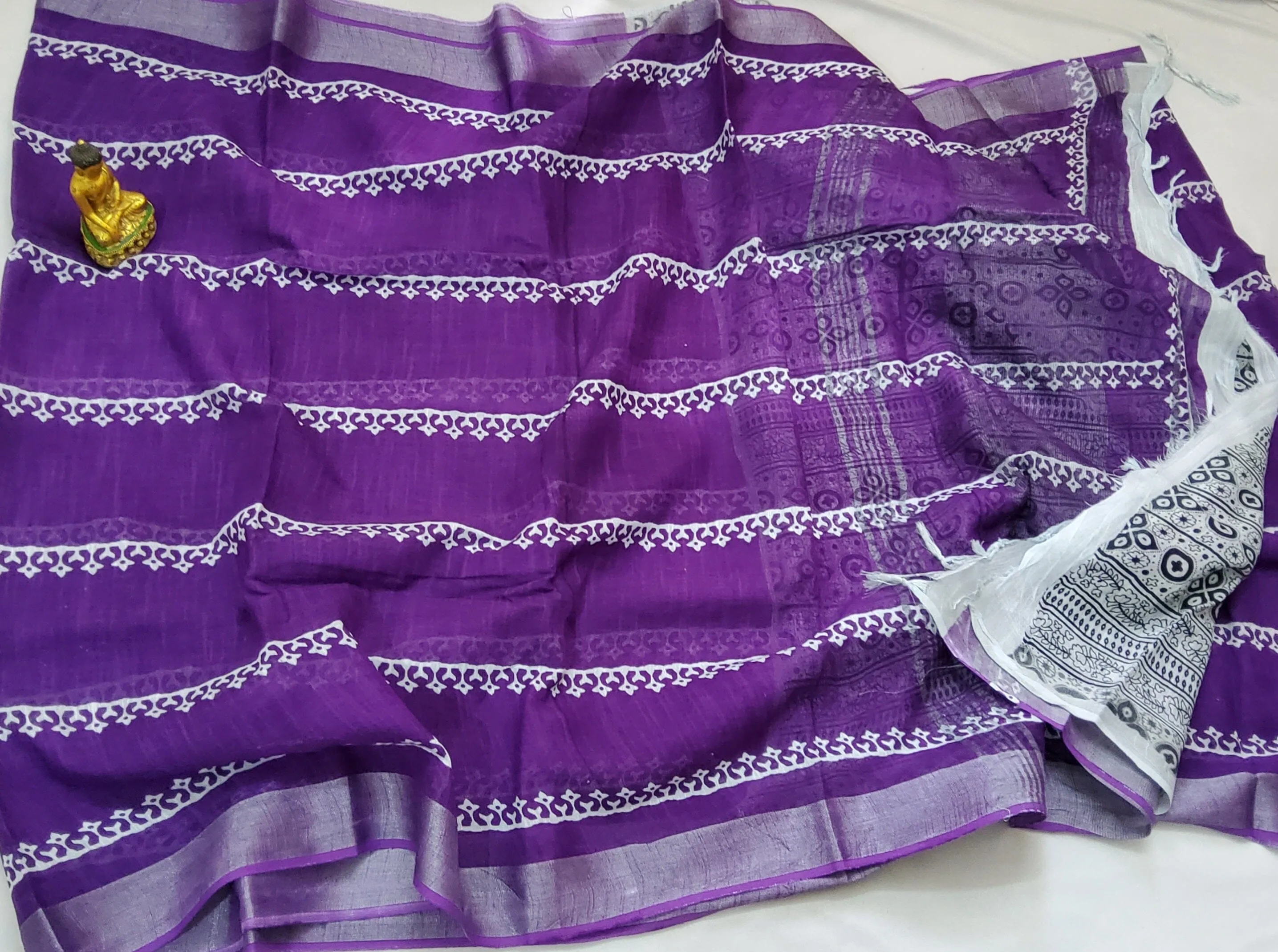 Hand BlockPrint Linen Cotton Saree with Silver Border