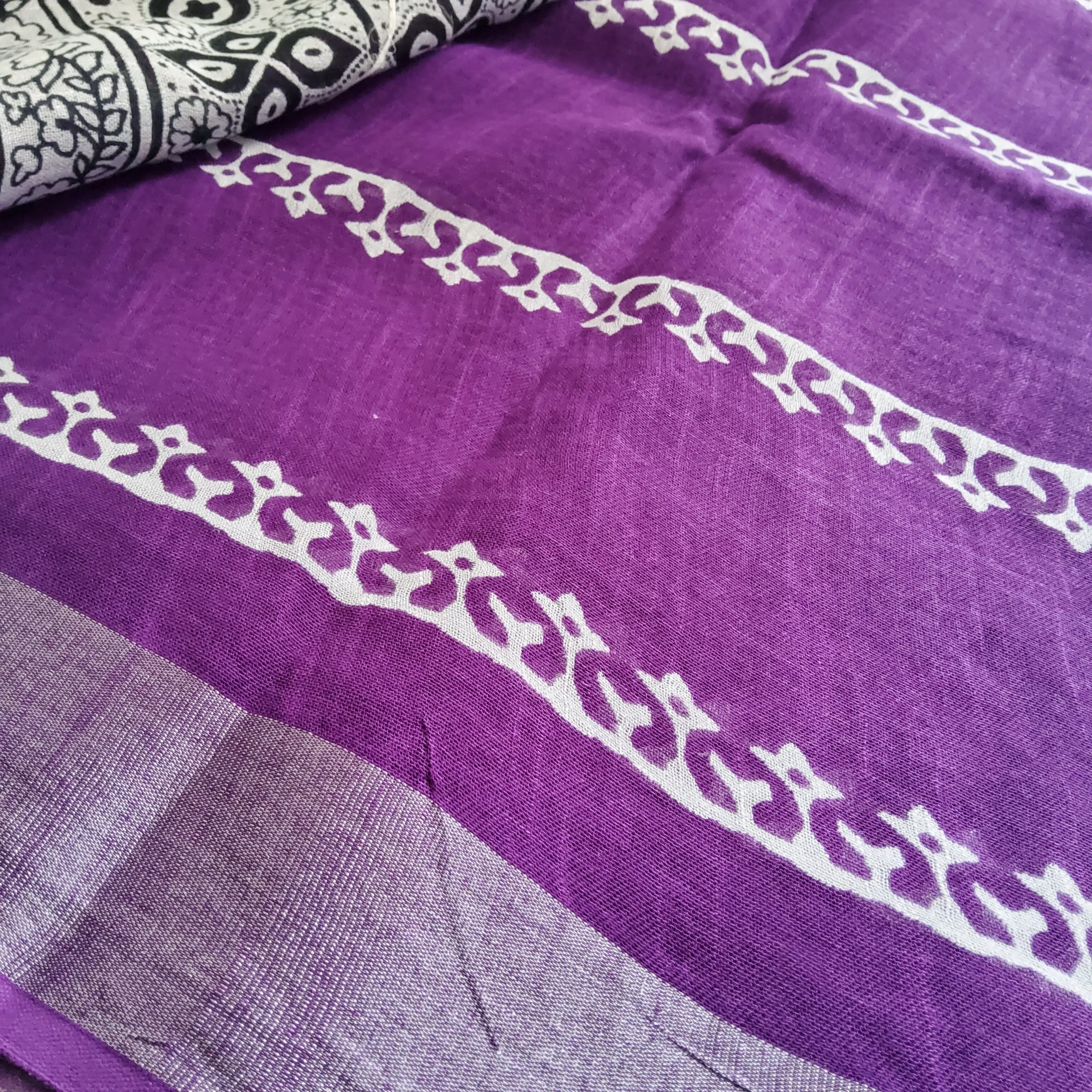 Hand BlockPrint Linen Cotton Saree with Silver Border