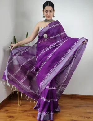 Hand BlockPrint Linen Cotton Saree with Silver Border