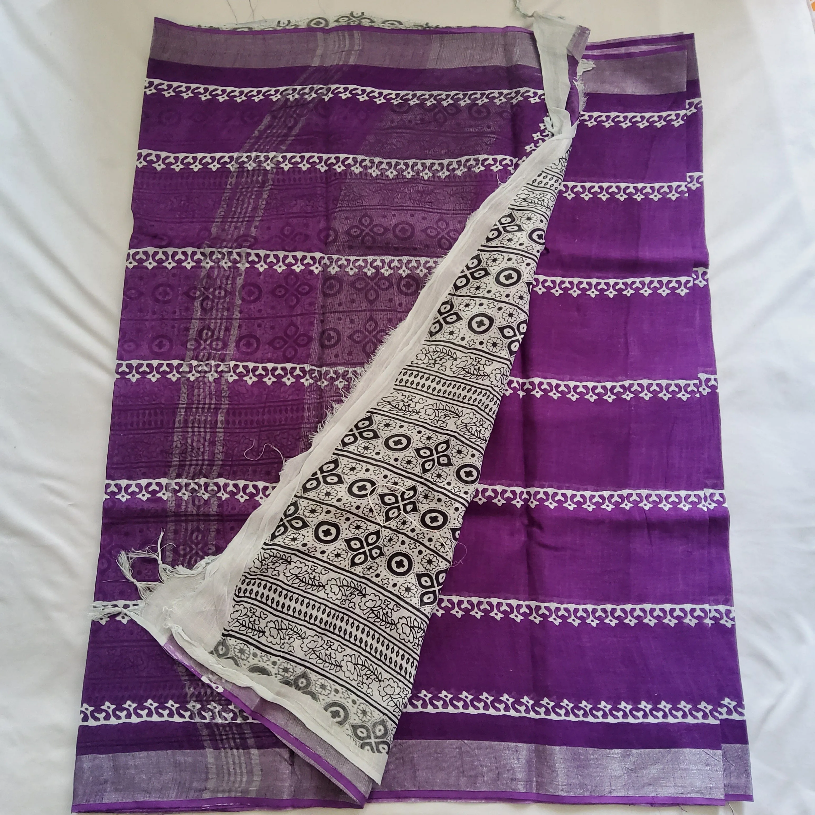 Hand BlockPrint Linen Cotton Saree with Silver Border
