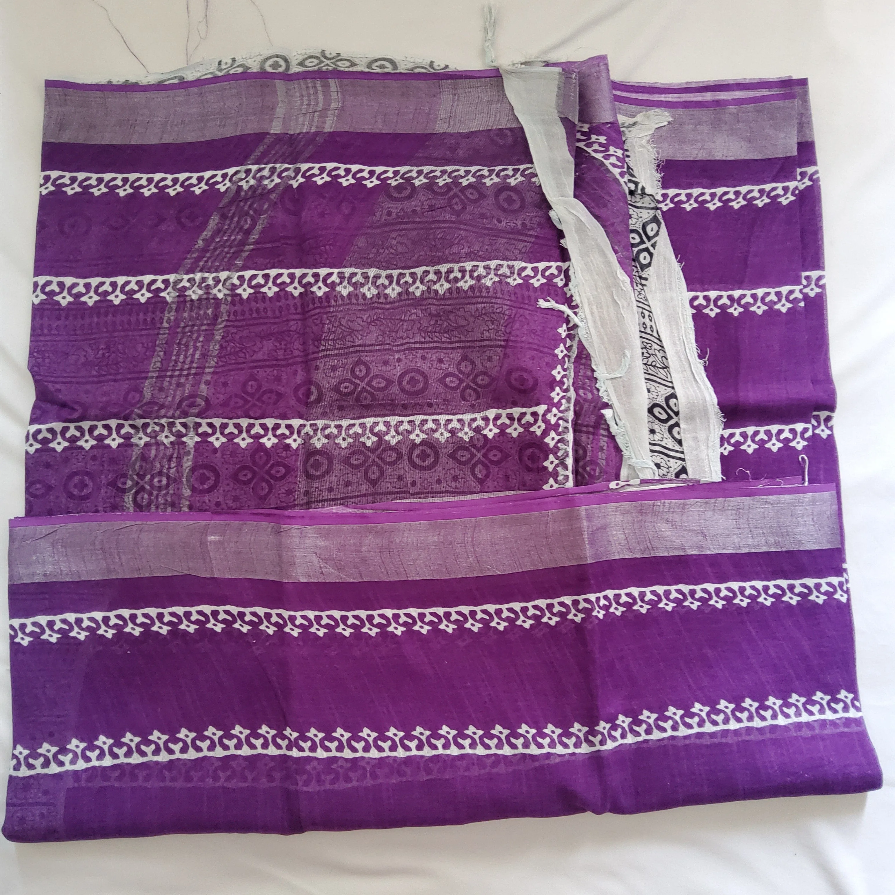 Hand BlockPrint Linen Cotton Saree with Silver Border