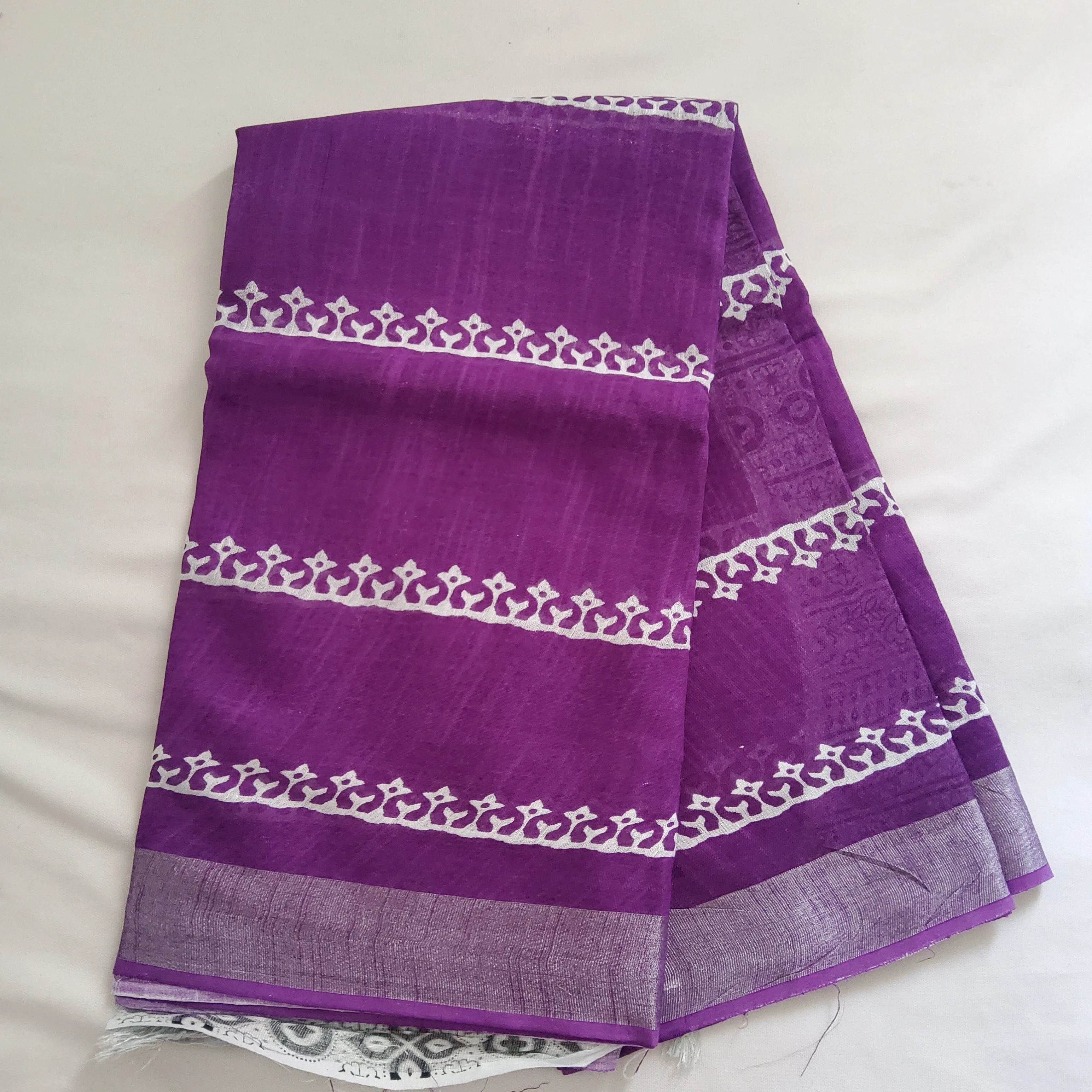 Hand BlockPrint Linen Cotton Saree with Silver Border