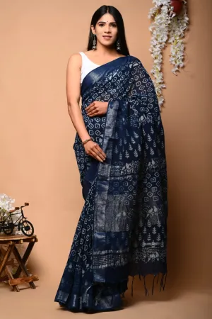 Linen Cotton Hand Block Print Saree with Silver Border