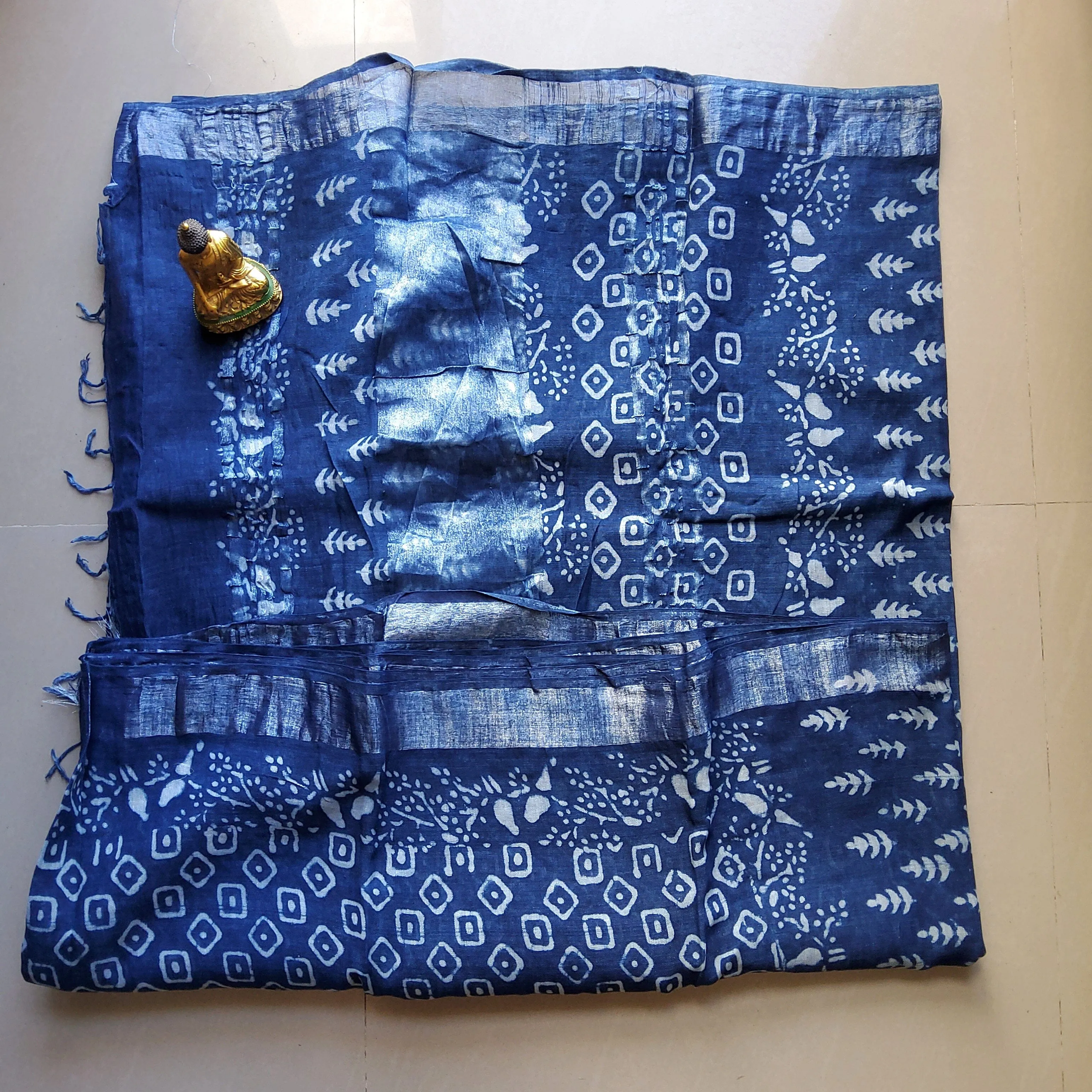 Linen Cotton Hand Block Print Saree with Silver Border