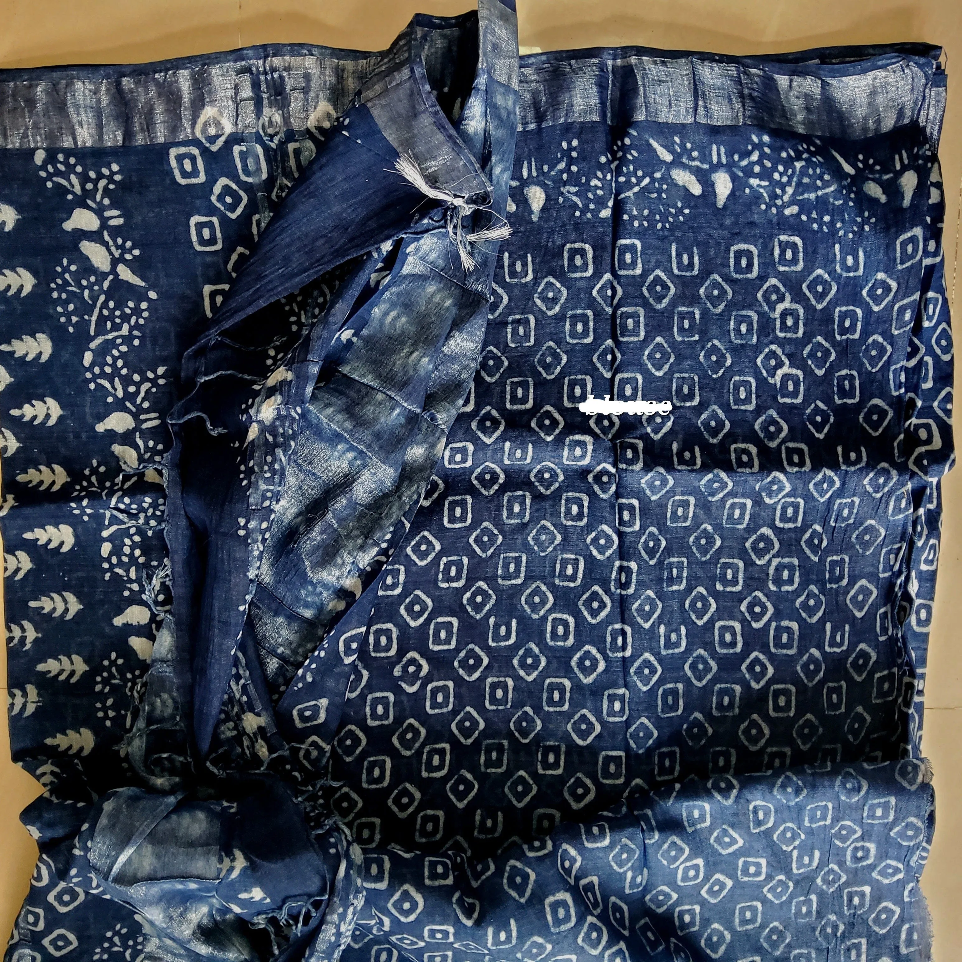 Linen Cotton Hand Block Print Saree with Silver Border