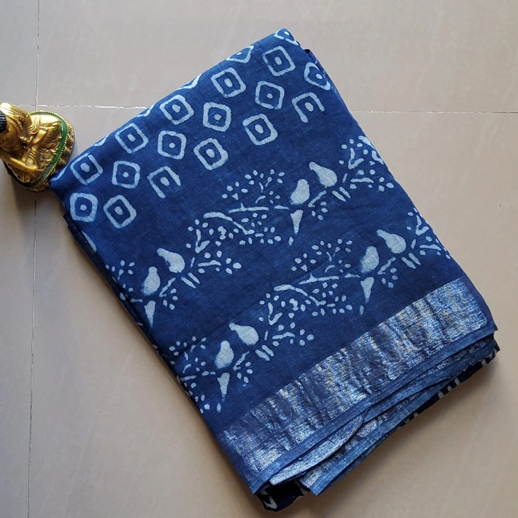 Linen Cotton Hand Block Print Saree with Silver Border