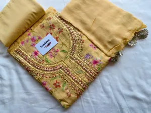 Linen Cotton HandWork Dress Material with Chiffon Dupatta