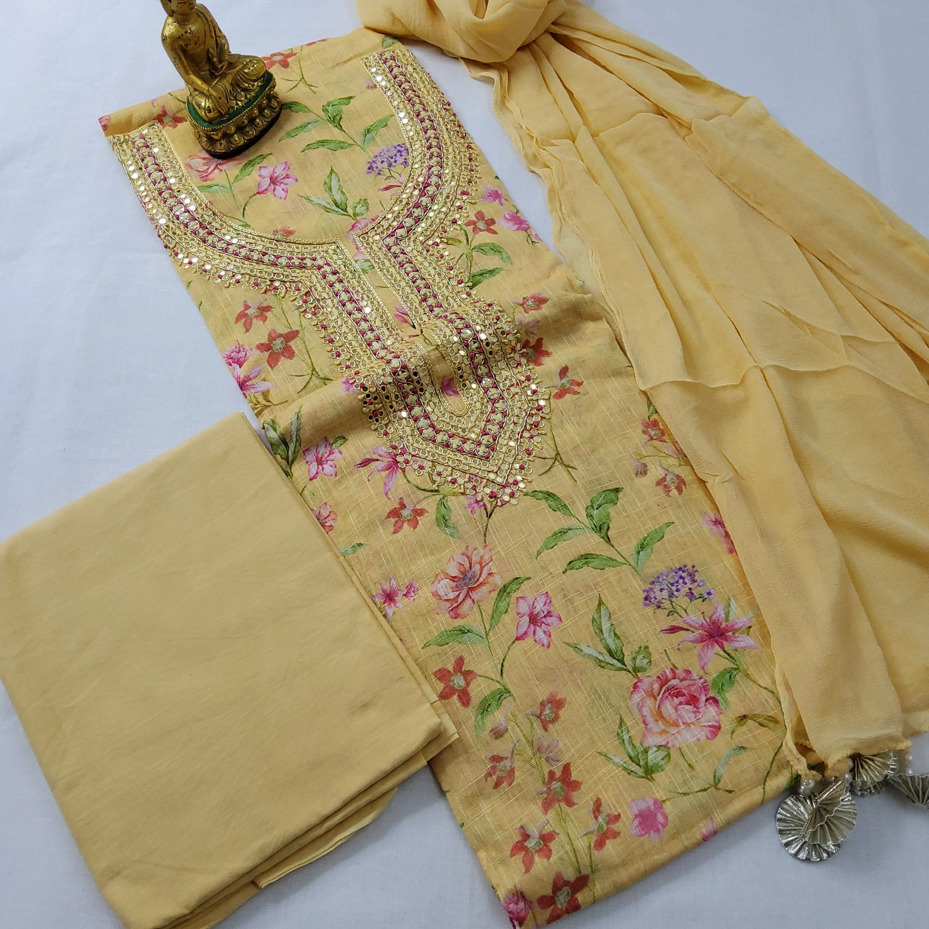 Linen Cotton HandWork Dress Material with Chiffon Dupatta