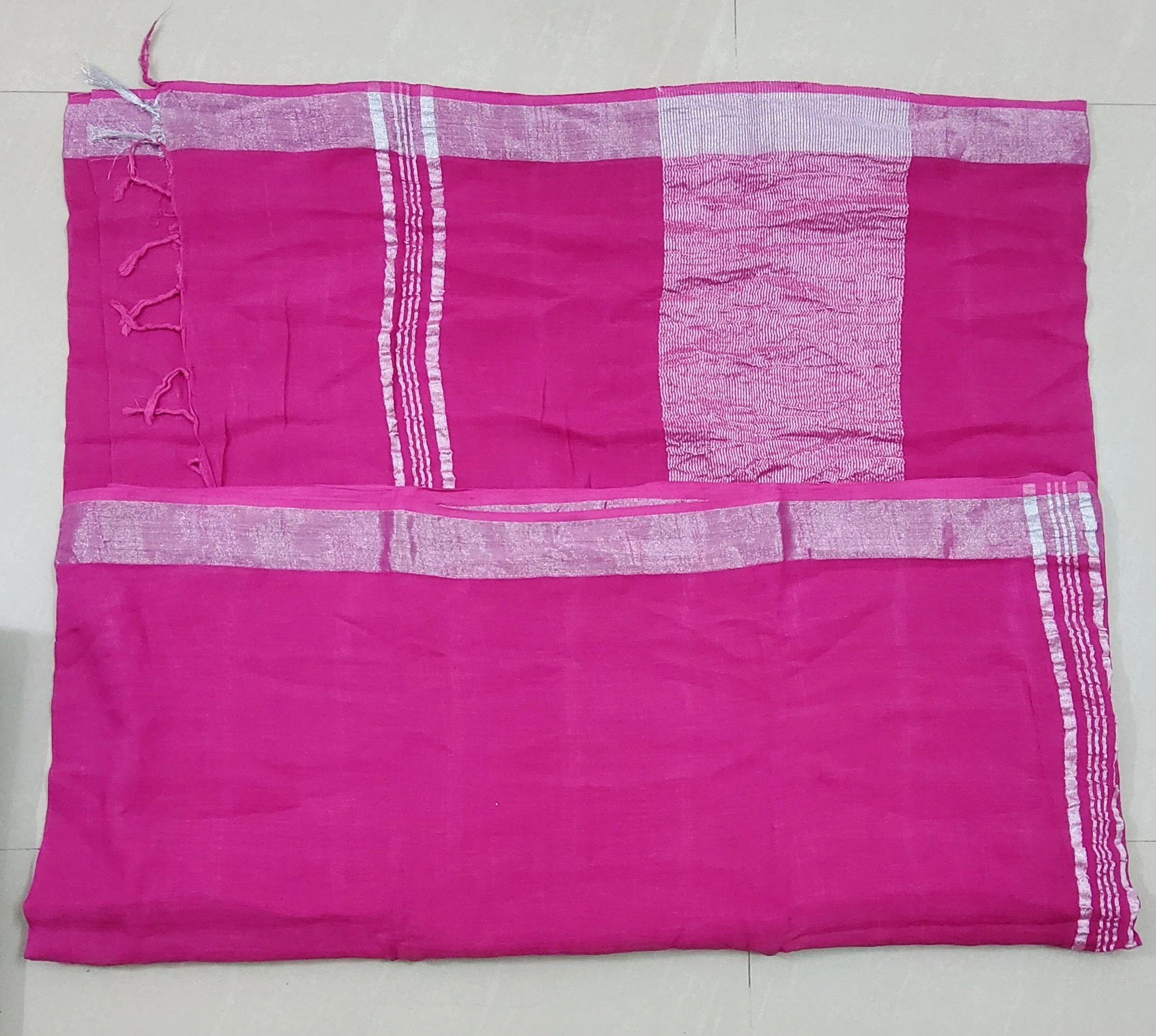 Linen Cotton Saree with Silver Zari Border