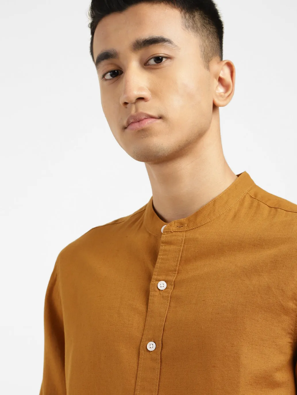 Men's Solid Regular Fit Linen Shirt Orange