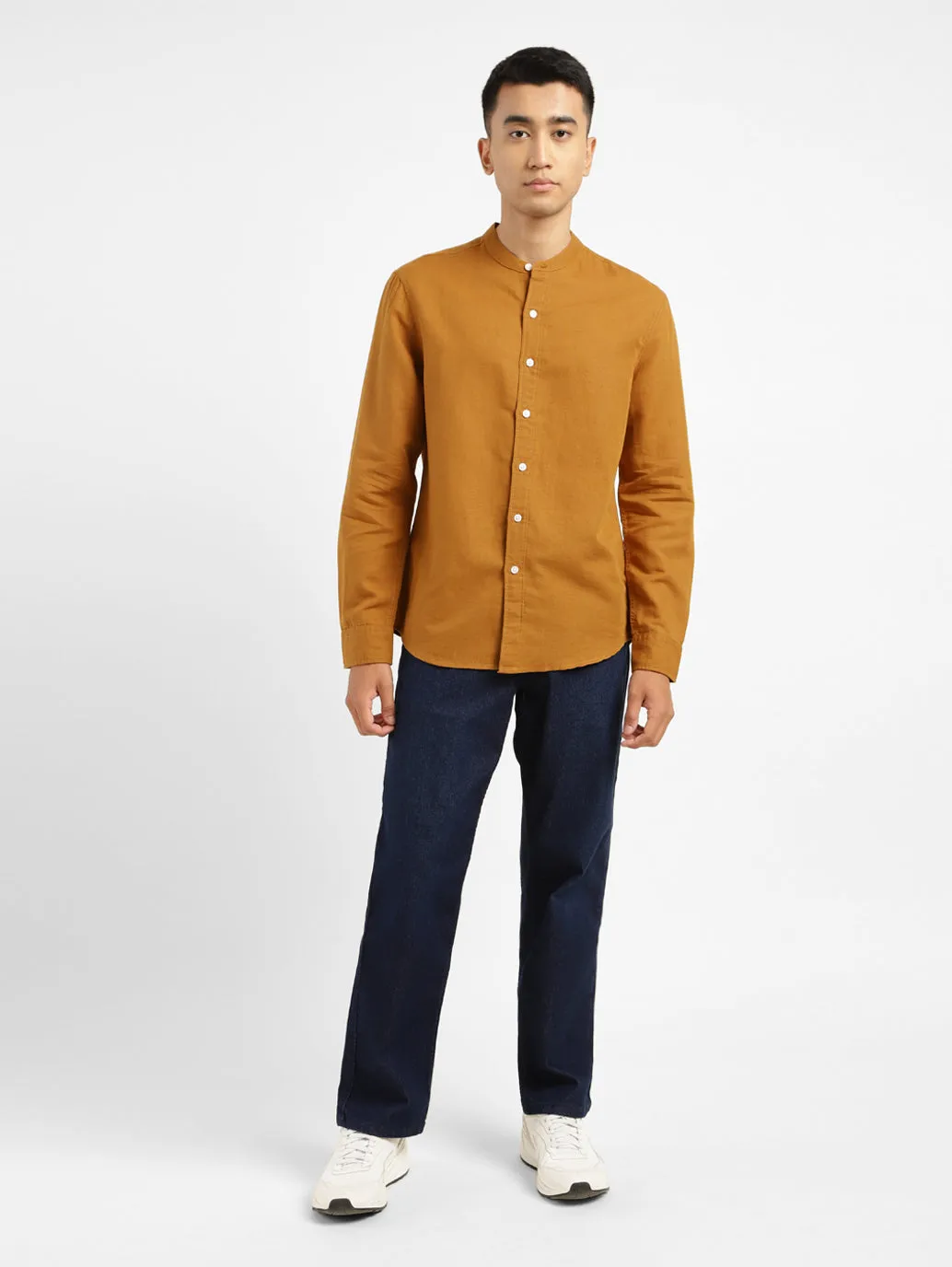 Men's Solid Regular Fit Linen Shirt Orange