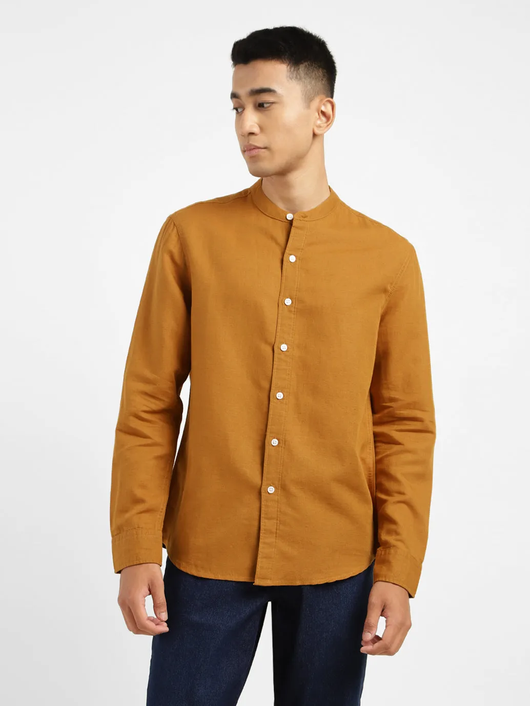 Men's Solid Regular Fit Linen Shirt Orange
