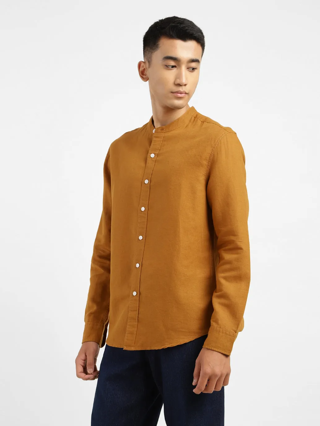 Men's Solid Regular Fit Linen Shirt Orange