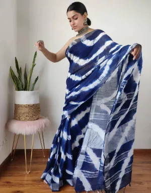 Tie and Dye Linen Cotton Saree with Silver Border