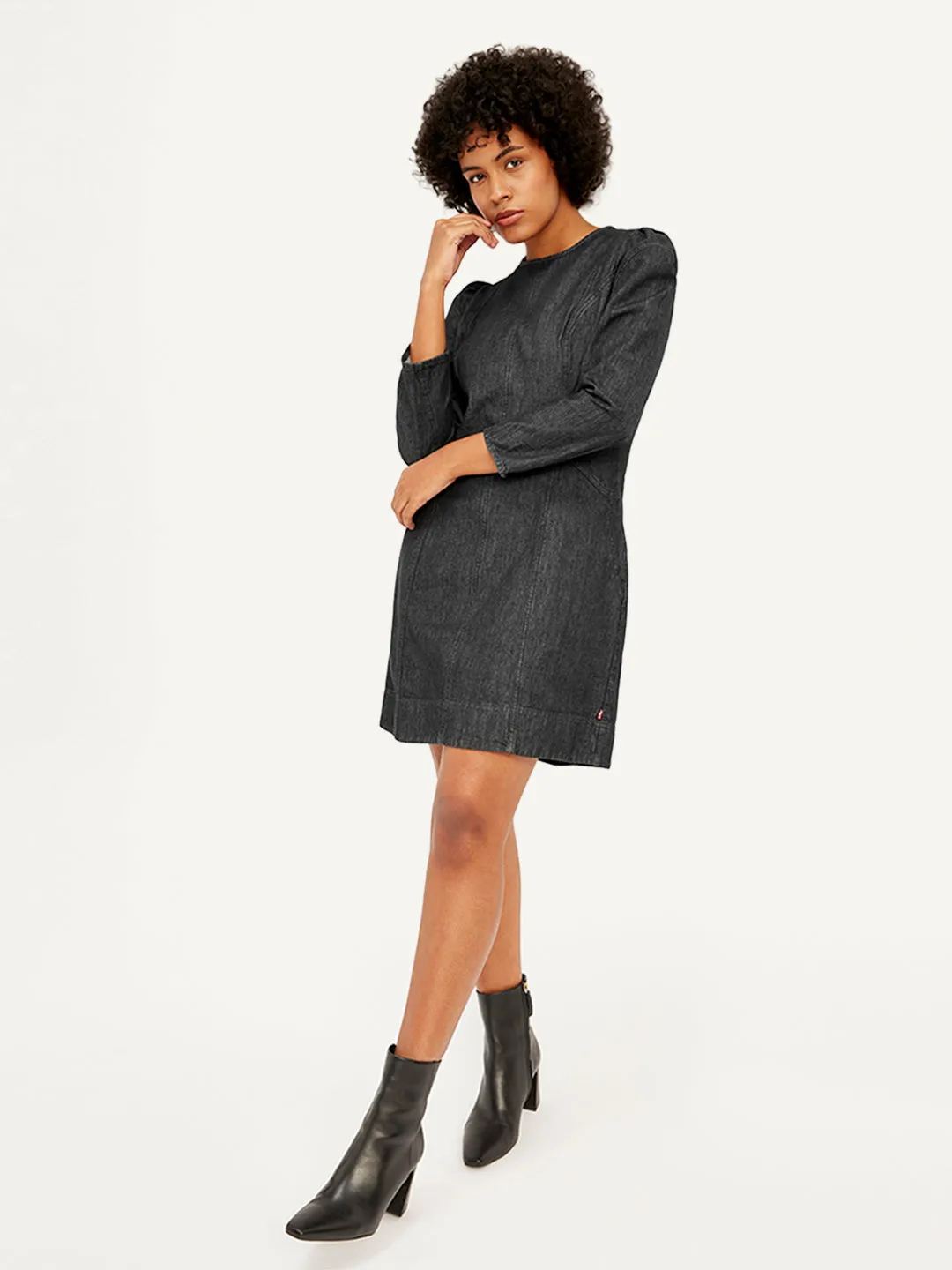 Women's Solid Black Round Neck Denim Dress