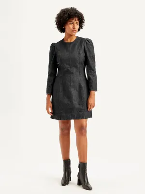 Women's Solid Black Round Neck Denim Dress