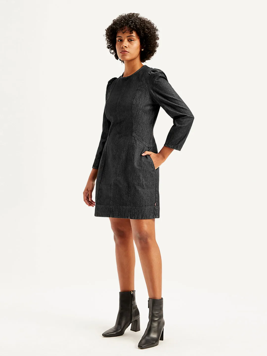 Women's Solid Black Round Neck Denim Dress