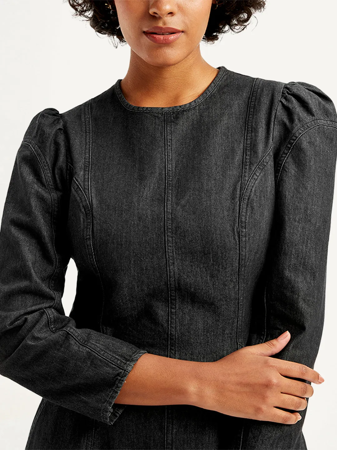 Women's Solid Black Round Neck Denim Dress