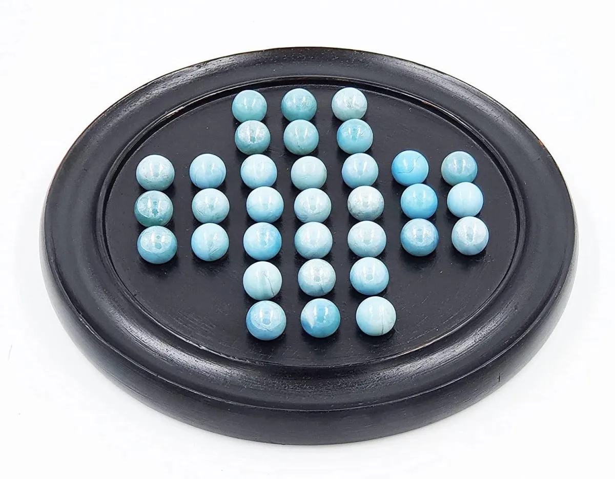Wooden Solitaire Board Game with Glass Marbles- 9 inch (Black)